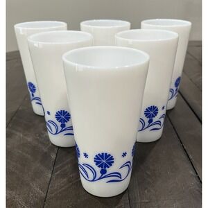 VINTAGE 6 Hazel Atlas Hazelware Blue Cornflower Daisy Milk Glass Tumbler Corning